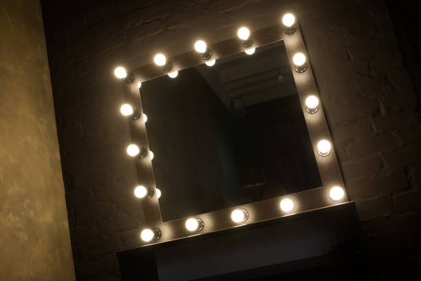 istock Antique mirror with lamps close up on black background 1296377505