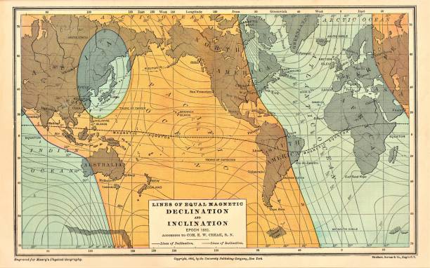 World Map of lines of equal magnetic declination and inclination (isoclinic lines or isoclinal lines). Color. Illustration published in Physical Geology by Mytton Maury (University Publishing Company, New York and New Orleans) in 1894. Copyright expired; artwork is in Public Domain. Digitally restored.