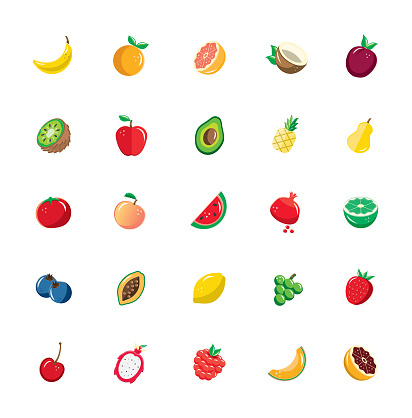 Vector illustration of a set of fruits on white background. No white box behind each icon. Fully editable. Use for healthy lifestyle infographics. Simple icons include banana, peach, grapefruit, coconut, plum, kiwi, apple, avocado, pineapple, pear, red tomato, pink peach, slice of watermelon, pomegranate, wedge of lime, blueberries, papaya, lemon, green grapes, strawberry, cherry with stem, passion fruit, raspberry, cantaloupe and blood orange. Vector eps 10 and high resolution jpg in download.