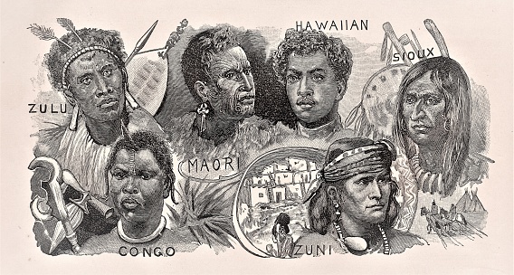 A group of indigenous people from the Africa, Pacific Islands, and North America. Color. Illustration published in Physical Geology by Mytton Maury (University Publishing Company, New York and New Orleans) in 1894. Copyright expired; artwork is in Public Domain. Digitally restored.