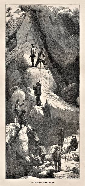 Mountain Climbers in Alps. 1800s Mountain climbers with ropes and ladders climbing the Alps in Europe Illustration published in Physical Geology by Mytton Maury (University Publishing Company, New York and New Orleans) in 1894. Digitally restored. provence alpes cote dazur stock illustrations