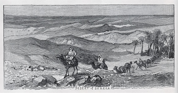 Camel Caravan in Sahara Desert. Illustration published in Physical Geology by Mytton Maury (University Publishing Company, New York and New Orleans) in 1894. Digitally restored.