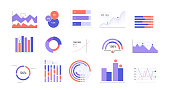 Set of simple infographic graphs and charts. Data visualization. Statistics and business presentations. Vector flat illustration.
