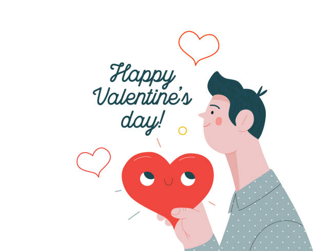 Man giving a heart - Valentine graphics Man giving a heart - Valentines day graphics. Modern flat vector concept illustration - a young man, holding the big heart. Hearts and flowers. Cute characters in love concept happy kiss day stock illustrations