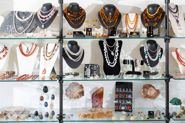 istock Showcase with natural stone jewelry 1296383559