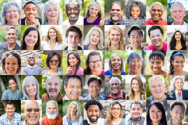 Diverse Human Faces A diverse collection of senior portraits, all are positive or smiling, laughing. large group of people facing camera stock pictures, royalty-free photos & images