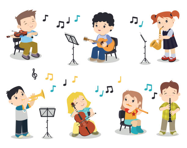 학교 밴드 연습 만화 귀여운 행복한 아이들이 음악 악기 벡터 클립 아트 일러스트 디자인 세트 흰색에 고립 - clarinet stock illustrations