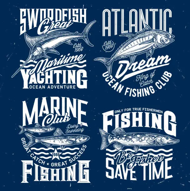Vector illustration of Ocean fishing, yachting club t-shirt vector print