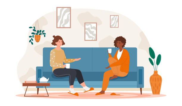 ilustrações de stock, clip art, desenhos animados e ícones de two female friends drinking tea at home - friends