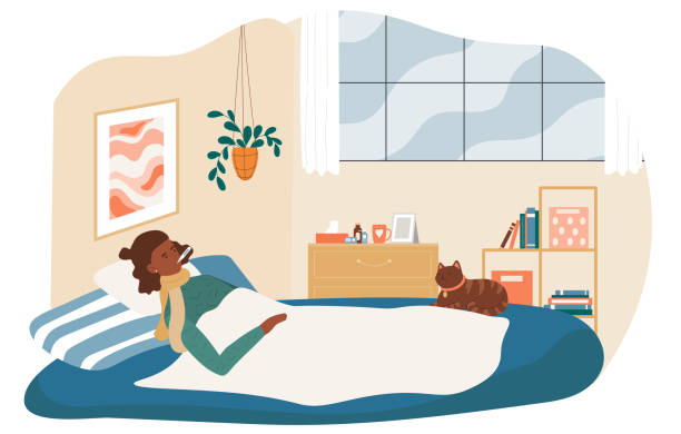 生病的女性哈勒特躺在床上覆蓋毯子 - 發燒 插圖 幅插畫檔、美工圖案、卡通及圖標