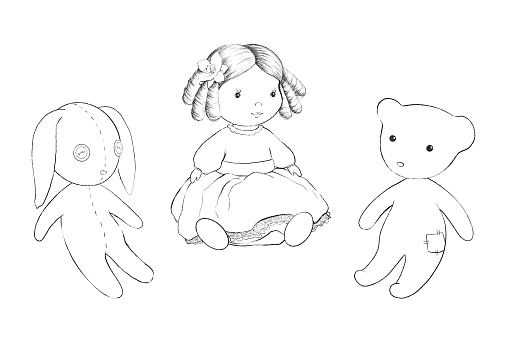 Outline cute cartoon set with teddy bear,  bunny and doll toys isolated on white background. Graphic hand drawn illustration sketch
