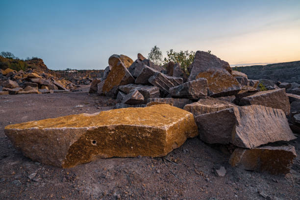 Large deposits of stone materials near a mining quarry