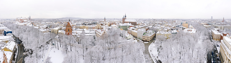 Aerial view of snow covered Krakow in Poland