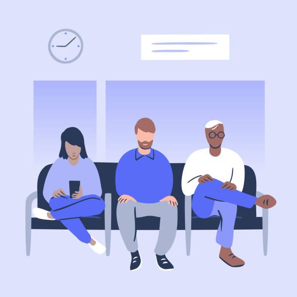 ilustrações de stock, clip art, desenhos animados e ícones de illustration of diverse people seated in public waiting room - waiting women clock boredom