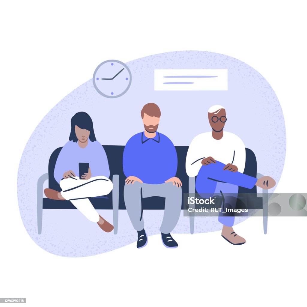 Illustration of diverse people seated in public waiting room Waiting Room stock vector