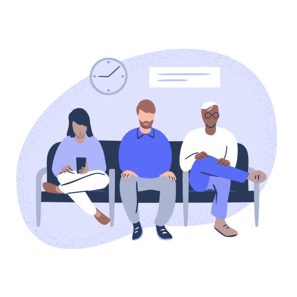 Illustration of diverse people seated in public waiting room Illustration of diverse people seated in public waiting room cross legged illustrations stock illustrations