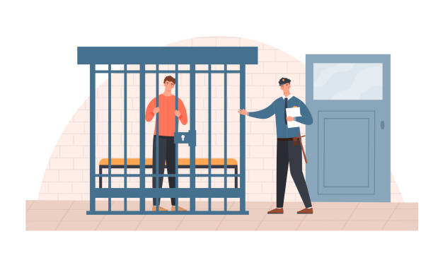 Male police officer is talking to a prisoner Male police officer is talking to a prisoner. Sentenced man is standing in a cage trying to bail himself out of prison. Flat cartoon vector illustration prison illustrations stock illustrations