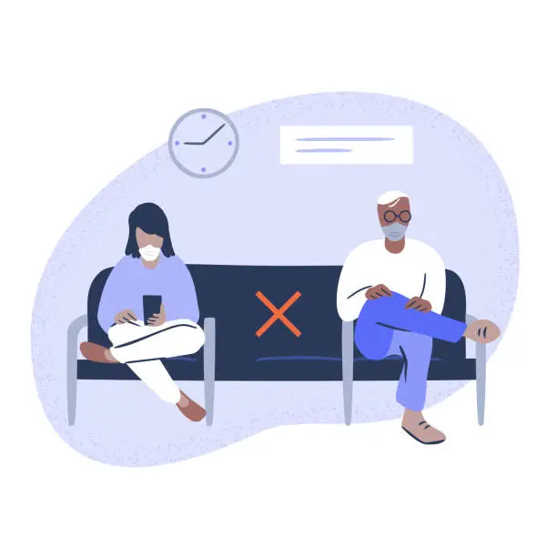 Vector illustration of Illustration of people seated in public waiting room observing social distancing