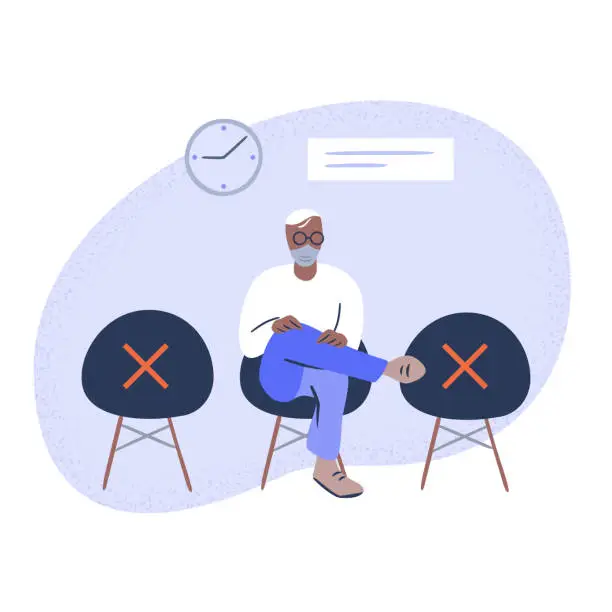 Vector illustration of Illustration of person seated in public waiting room observing social distancing