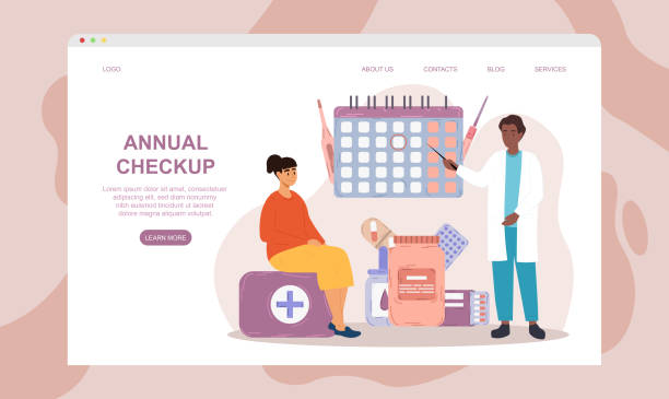 karakter wanita melakukan pemeriksaan tahunan di pusat medis - jubah mandi ilustrasi stok