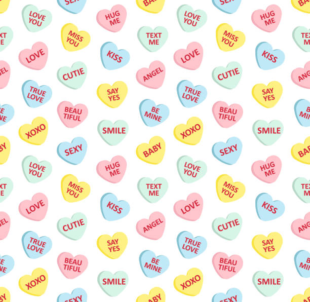 illustrazioni stock, clip art, cartoni animati e icone di tendenza di modello vettoriale senza cuciture di diverso colore cartone animato piatto caramelle dolci di san valentino con testo d'amore - lots of candy hearts