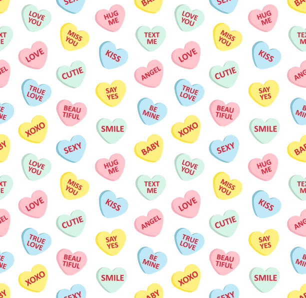 ilustrações de stock, clip art, desenhos animados e ícones de vector seamless pattern of different color flat cartoon valentine’s sweet candy with love text - lots of candy hearts