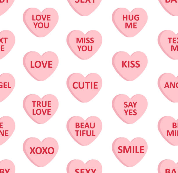 愛のテキストとフラット漫画ピンクバレンタインの甘いキャンディーのベクトルシームレスなパターン - candy heart candy valentines day heart shape点のイラスト素材／クリップアート素材／マンガ素材／アイコン素材