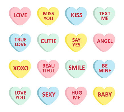 Vector set bundle of different color flat cartoon Valentine’s candy with love text isolated on white background