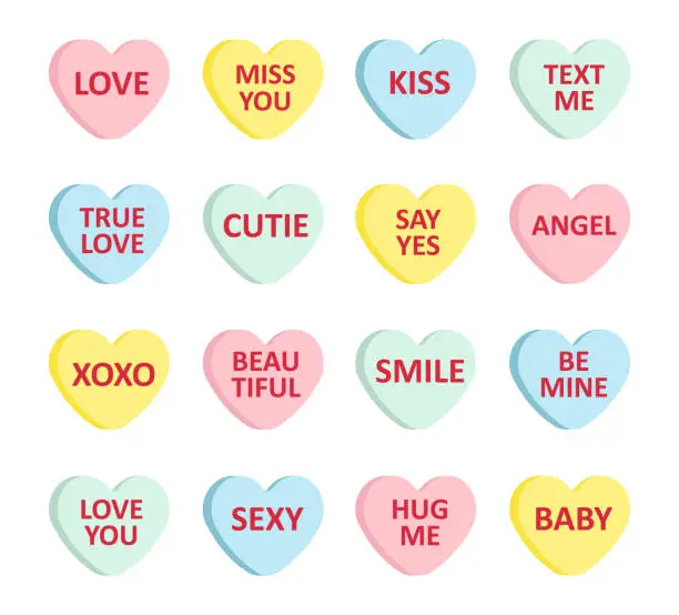 Vector illustration of Vector set bundle of different color flat cartoon Valentine’s candy with love text