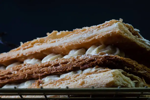 Homemade mille-feuille pastry with vanilla cream filling