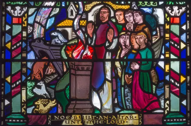 London - The Jesus prayer in Gethsemane gareden on the stained glass in church St Etheldreda by Charles Blakeman.