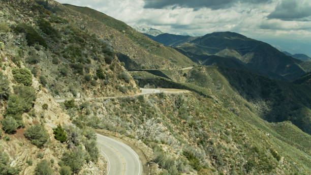 Drone shot of mountainous landscapes in the San Gabriel Mountains, along the Angeles Crest Highway in Los Angeles County.