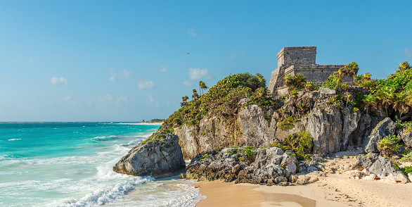 Panorama of the God of Winds El Castillo Mayan ruins with its beach, Tulum, Yucatan Peninsula, Mexico.