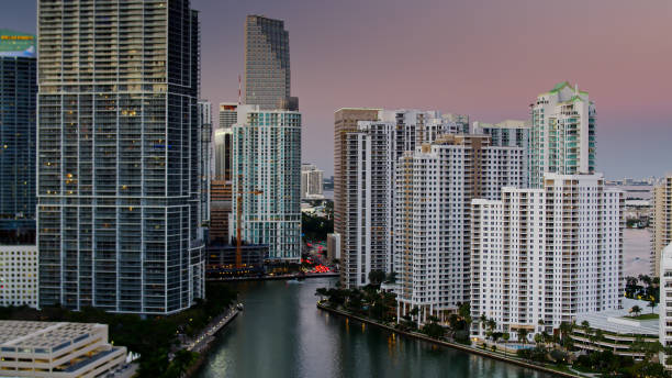 istock Drone Shot of Brickell Key, Miami at Sunset 1296406683