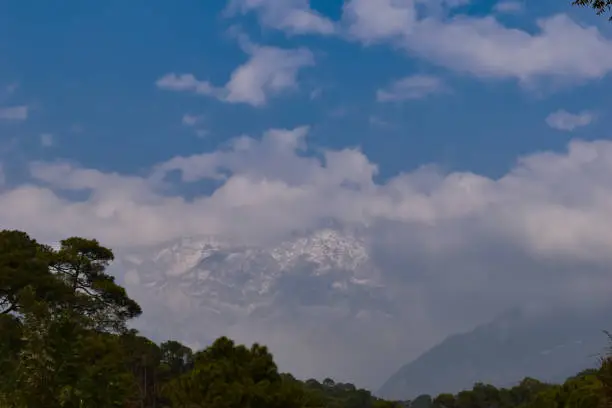 picture of famous dhauladhar mountains covered with snow and fog.