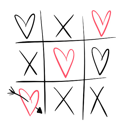 Cute outline vector tic tac toe with black crossings and pink hearts. Love game for greeting St Valentine day card design, banner