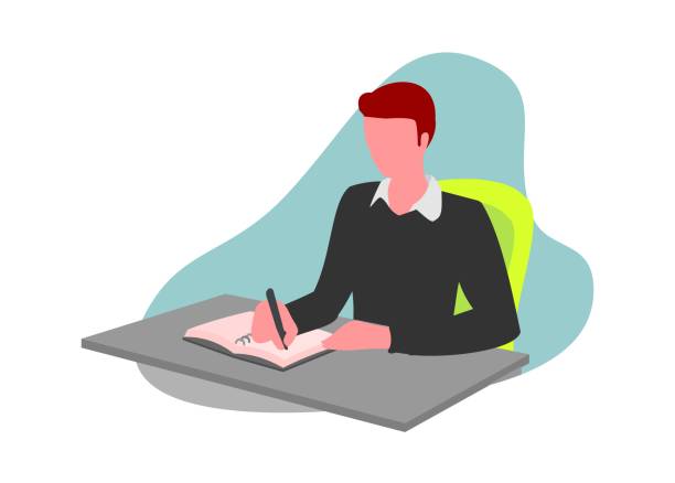 A boy writing on a book. Simple flat illustration Simple flat illustration of a boy writing on a book man writing stock illustrations