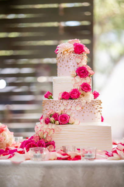 istock White And Pink Wedding Cake Decorated With Pink Roses  On A Ceremonial Table With a White Table Cloth 1296413343