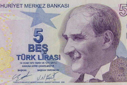 Macro shot of the five turkish lira banknote