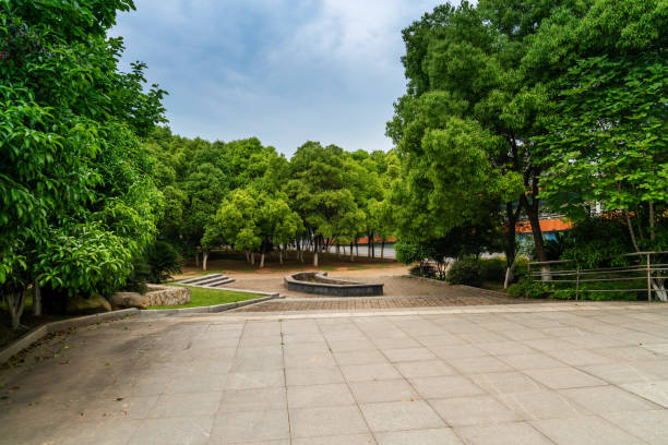 istock Empty street at the nice and comfortable great garden under lovely blue sky 1296416634
