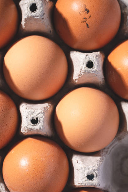 istock Close up top view on fresh organic chicken eggs in cardboard box 1296420297