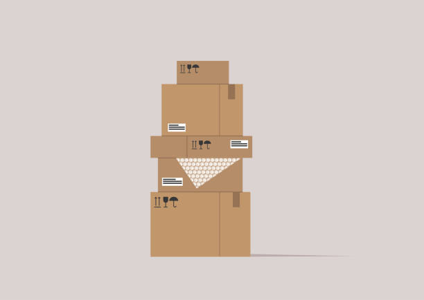 usługa dostawy, koncepcja e-commerce, stos kartonów odizolowanych na prostym tle - packaging packing adhesive tape box stock illustrations