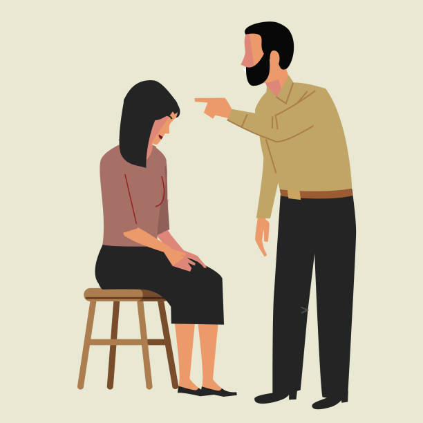 Husband acussing his wife or other female family member Man pointing finger in threatening gesture at seated female poverty illustrations stock illustrations