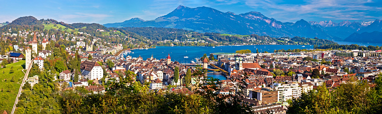City and lake of Luzern panoramic view from the hill, Alps and lakes landscape of Switzerland
