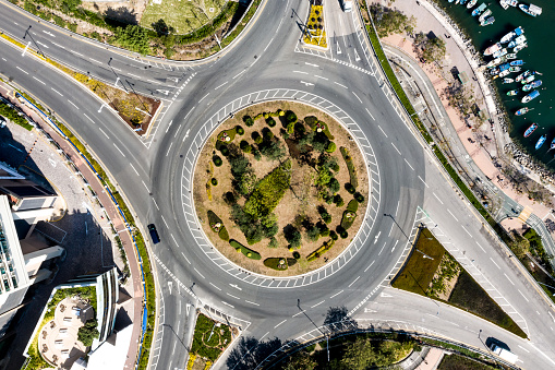 Aerial view of a traffic roundabout.
