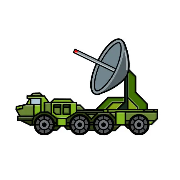 Vector illustration of Military truck. Army transport with antenna. Modern appliances in protective green color. Radar and detection system. Scanning and recognition. Cartoon illustration