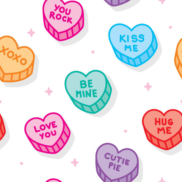 Candy Hearts Doodle Pattern 1 Vector illustration of multi-colored candy hearts in a repeating pattern against a white background. valentine card stock illustrations