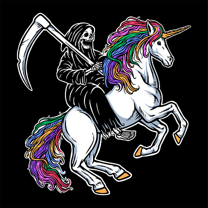 Skull grim riding a unicorn illustration