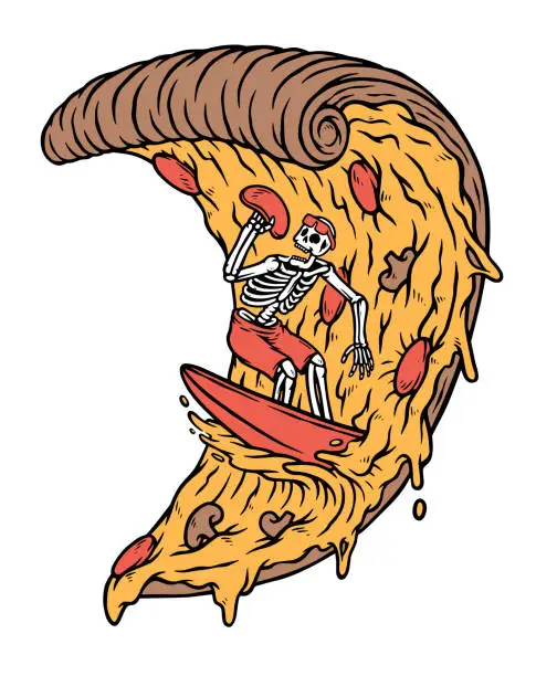 Vector illustration of Skulls surfing on pizza illustration