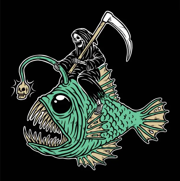 Vector illustration of Skull grim riding ghost fish illustration